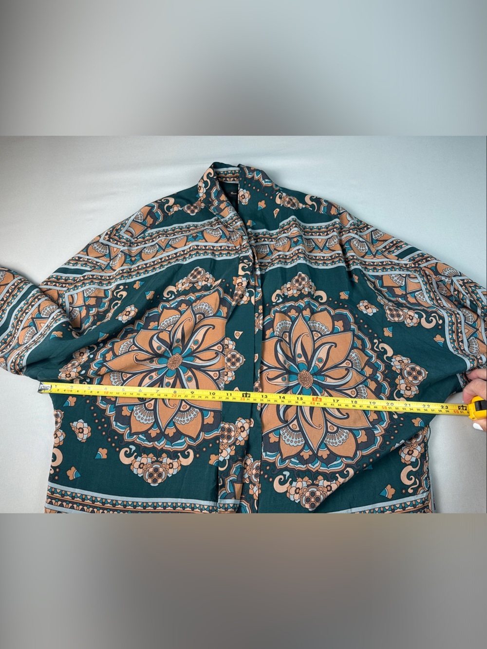 Massimo Dutti Women’s Open Front Cardigan Jacket Shirt Teal Peach Patterned - Picture 3 of 6
